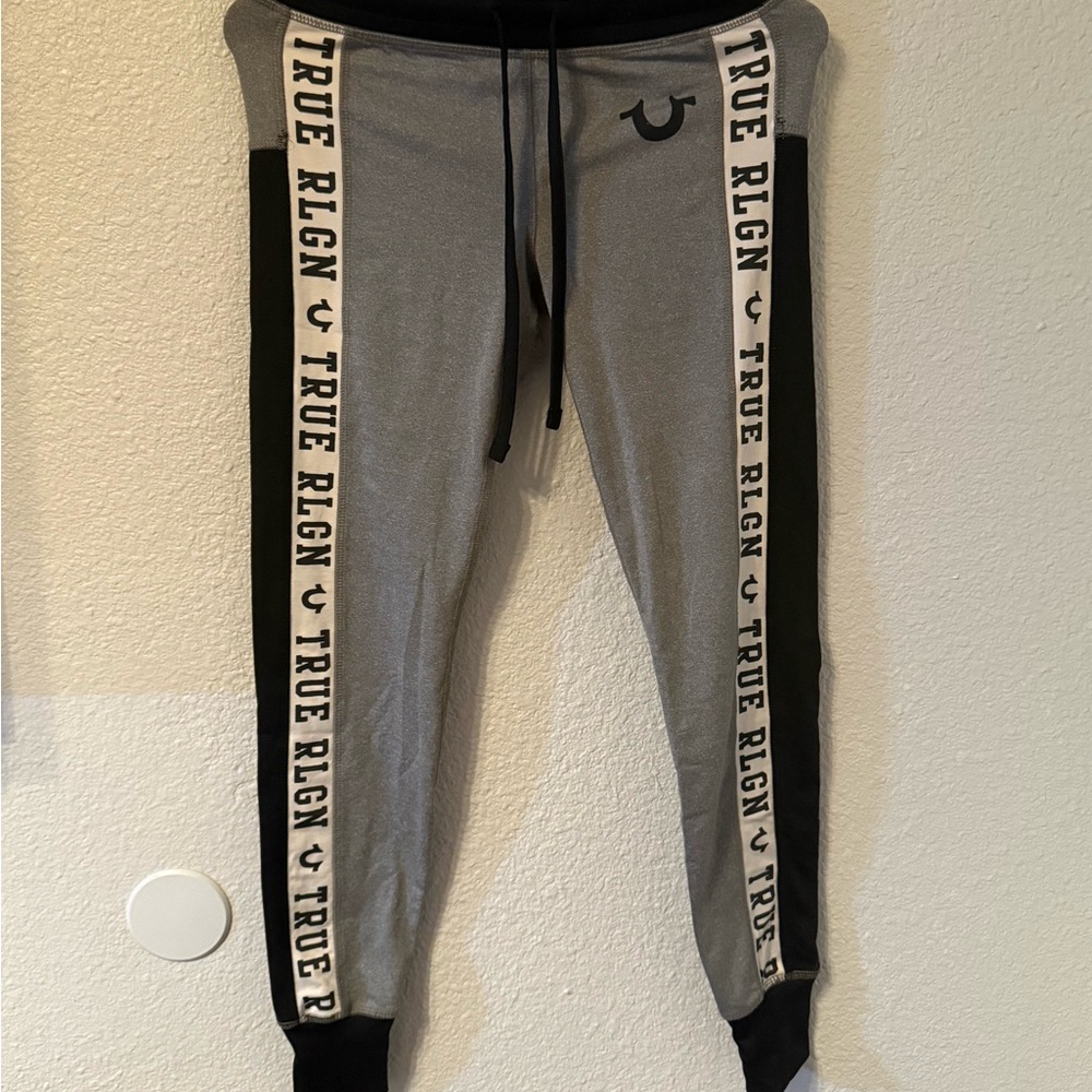 True Religion Gray Joggers with Black and White Stripes